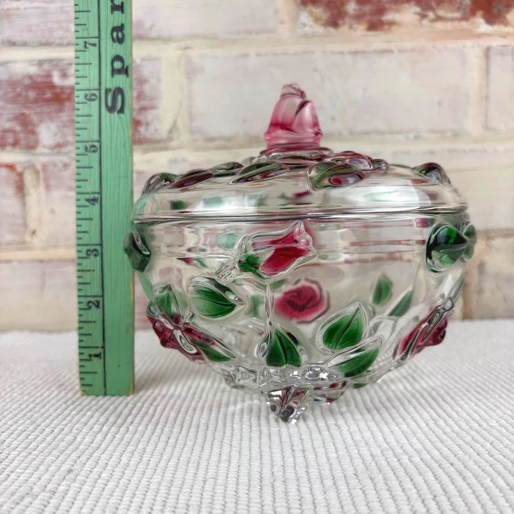 Vintage Mikasa Glass Rose Footed Covered Candy Dish Hand Painted Cottagecore